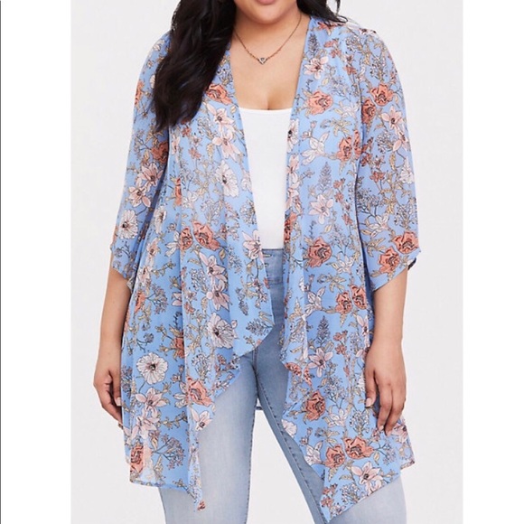 NWT Torrid Blue Floral Chiffon Drape Kimono - Picture 2 of 3